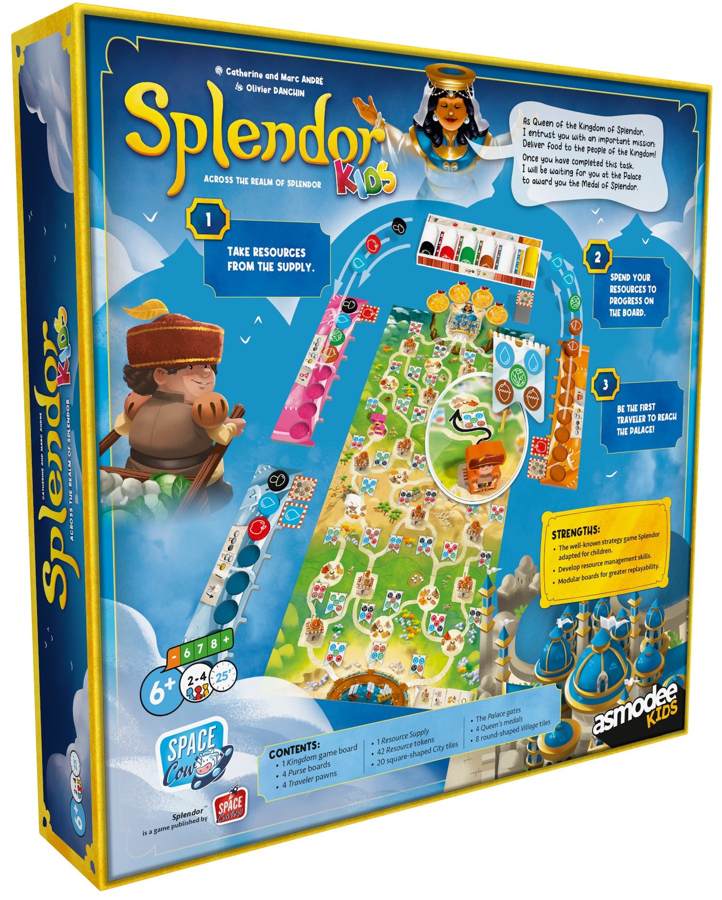 Board game box for 'Splendor Kids' with illustrations and text on a blue background