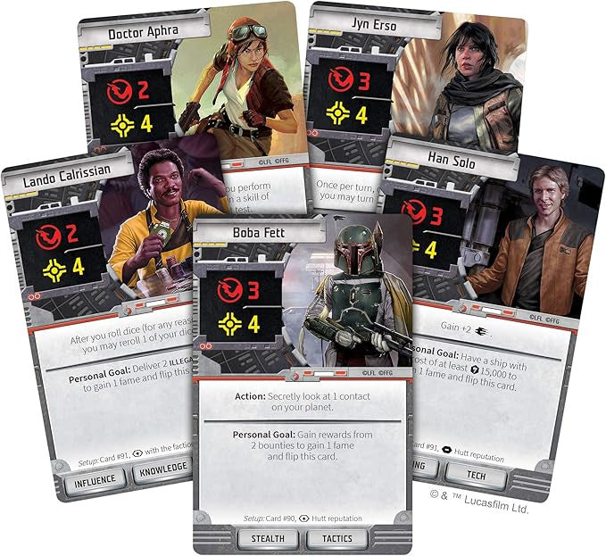 Collection of Star Wars trading cards featuring various characters with their respective stats and portraits.