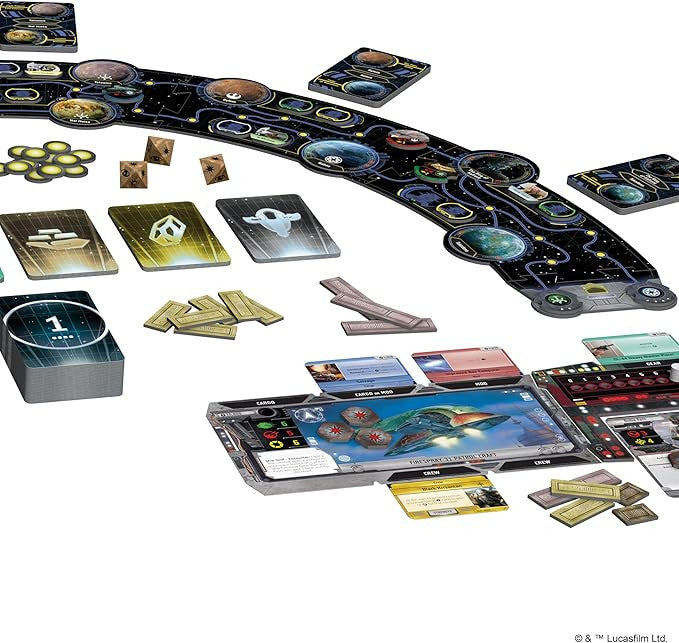 Board game with various cards and pieces on a white background