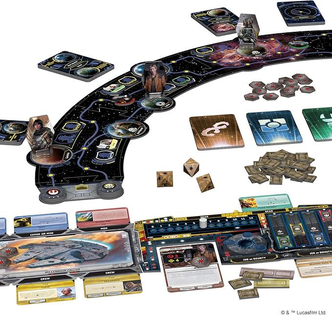 Board game with various components including cards, dice, and a board layout.