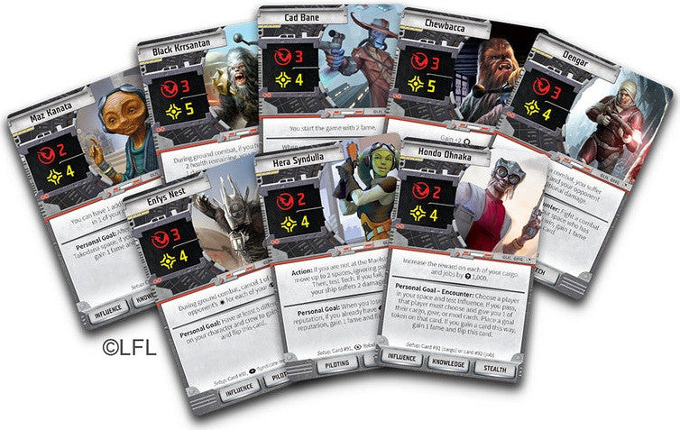 Collection of trading cards featuring various characters and statistics on a white background for star wars unfinished business.