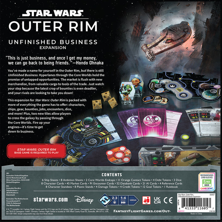 Back cover of Star Wars Outer Rim game expansion packaging with game pieces and text.
