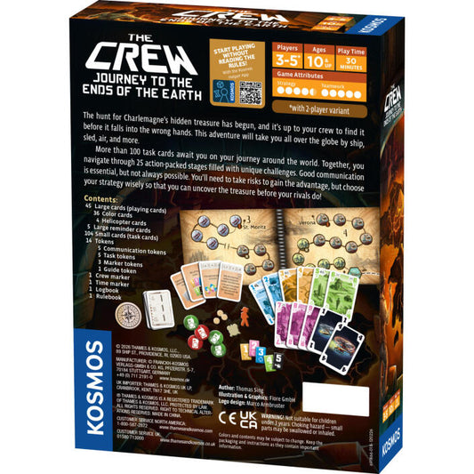 The Crew: Journey to the Ends of the Earth board game box by Kosmos, showing the front and back packaging with game details, cards, tokens, and illustrated scene elements.