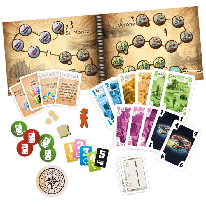 Board game components of the crew journey to the ends of the earth, including cards, tokens, and a game board on a white background