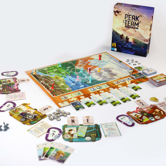 Board game with components and 'The Peak Team' box on a white background