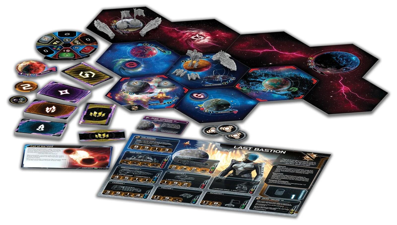 Twilight Imperium Thunders Edge Board game components including cards and hexagonal tiles on a white background