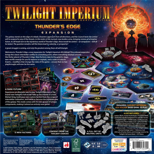 Back cover of Twilight Imperium Fourth Edition Thunder's Edge expansion packaging.