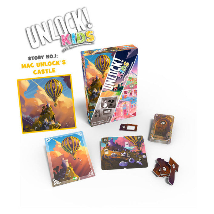 Unlock! Kids game components including cards and box on a white background
