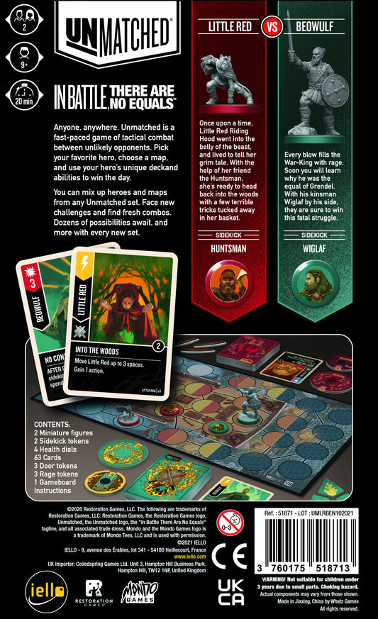 Unmatched board game packaging with cards, figures, and game components on a black background.