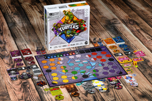 Teenage Mutant Ninja Turtles Board game with colorful components on a wooden surface