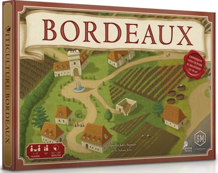 Board game box for 'Bordeaux' with illustrated layout and branding.