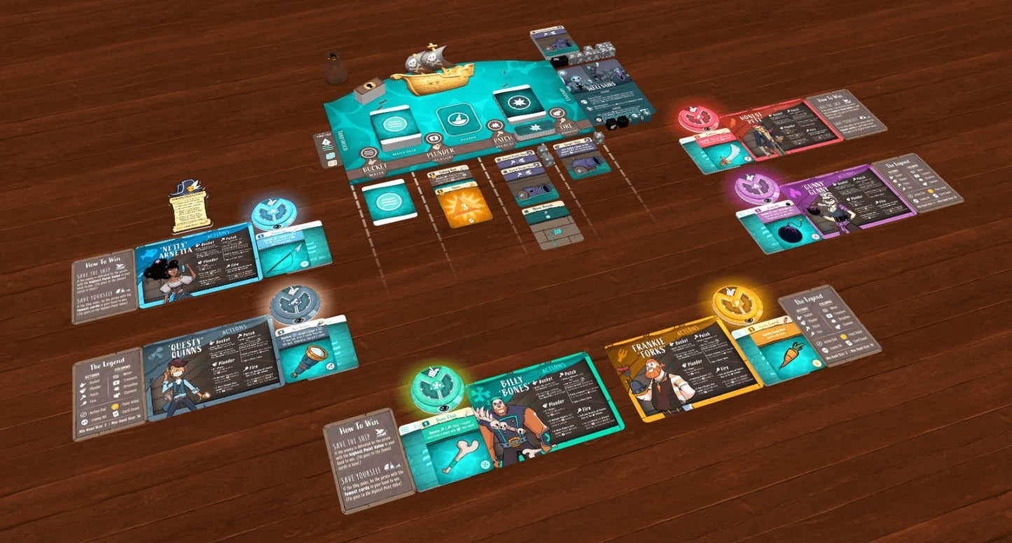 Board game components on a wooden table