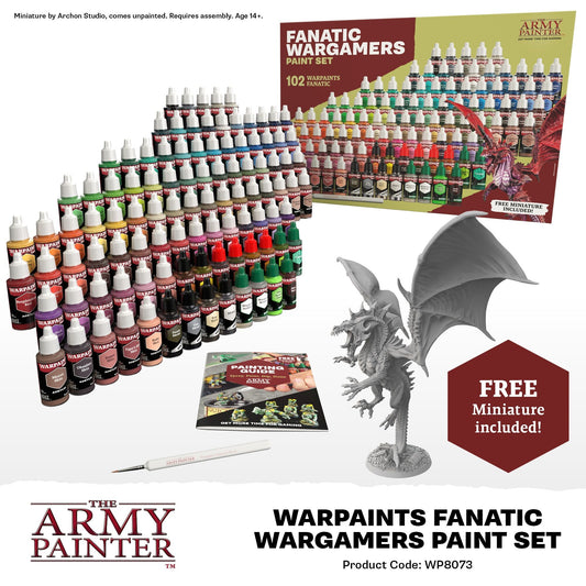 Warpaints Fanatic Wargamers Paint Set by The Army Painter with paint bottles, a dragon miniature, and packaging.