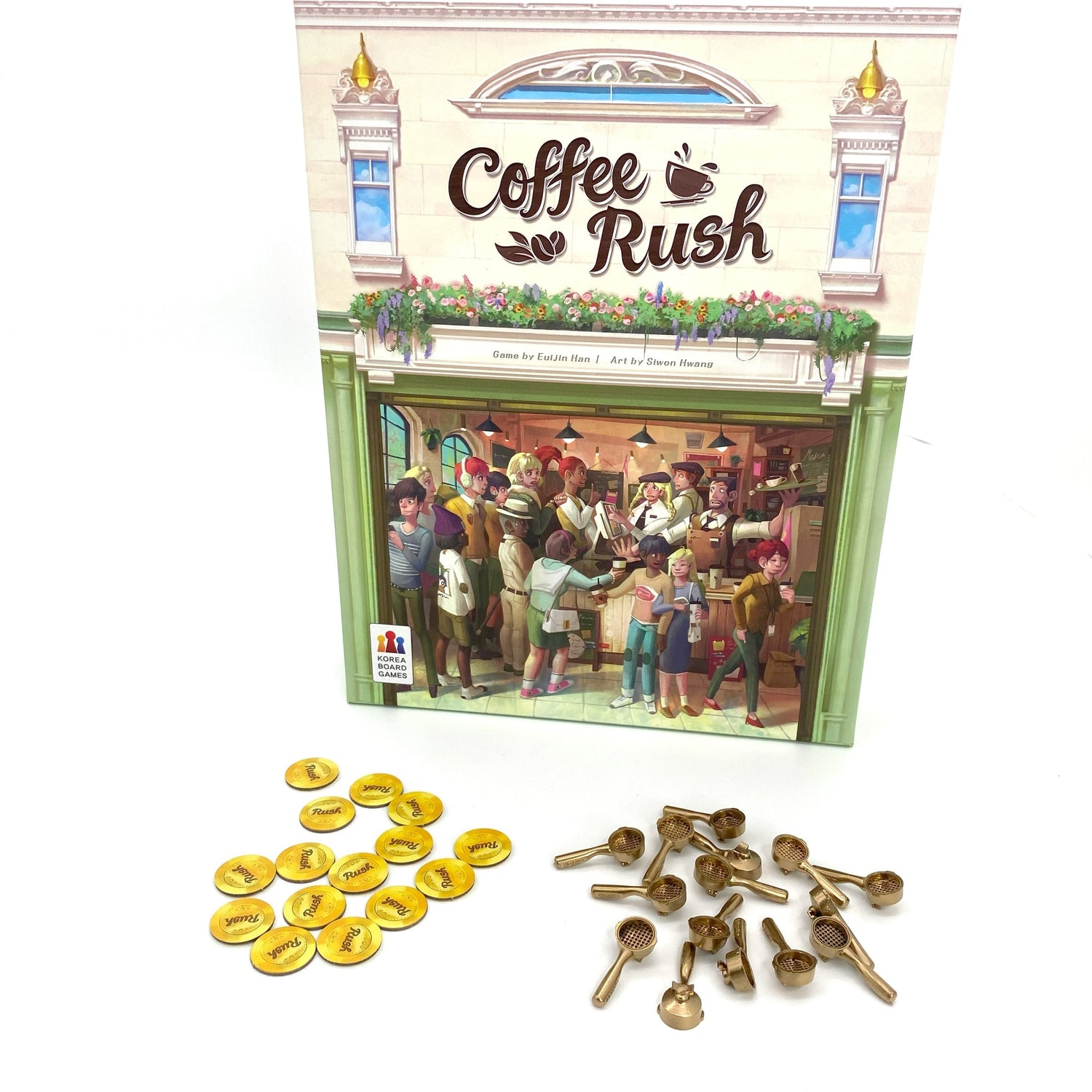 Coffee Rush Board Game and Coffee themed tokens