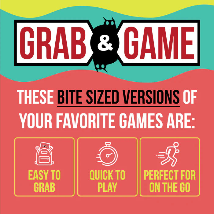Promotional graphic for 'Grab & Game' with colorful background and text about bite-sized game versions.