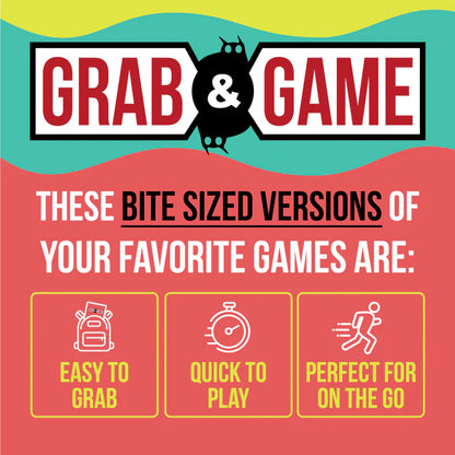Promotional graphic for 'Grab & Game' with colorful background and text about bite-sized game versions.