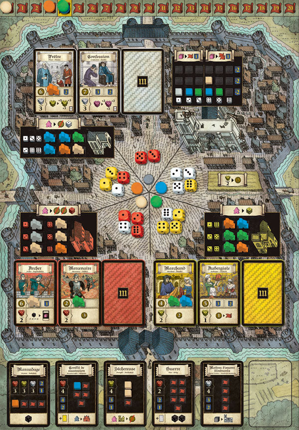 Troyes Board game setup with various components on a detailed map