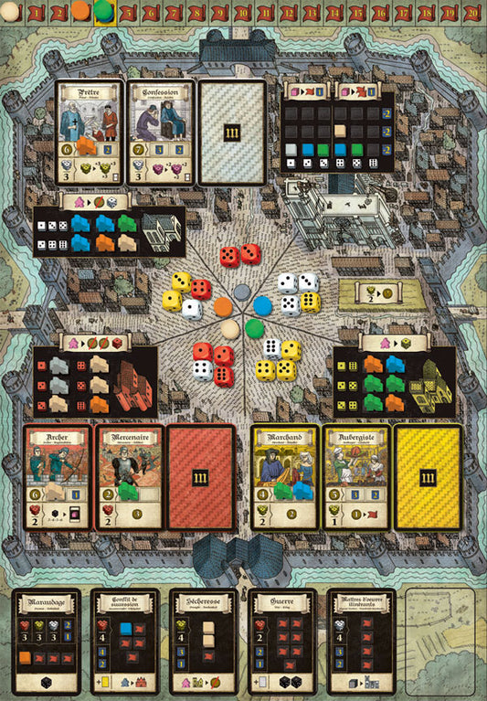 Troyes Board game setup with various components on a detailed map