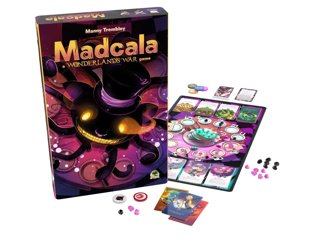 Board game packaging for 'Madcala: Wonderlands War' with game pieces on a white background