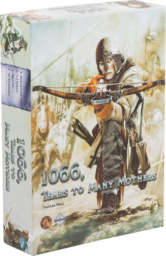 Board game box titled '1066, Tears to Many Mothers' featuring a character with a bow and arrow.