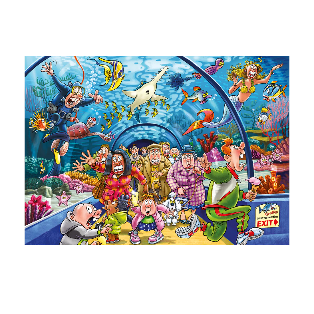 Cartoon scene with characters in an aquarium setting