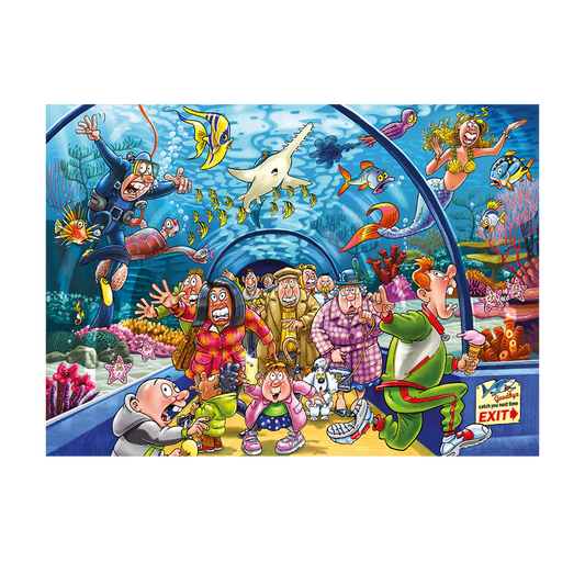 Cartoon scene with characters in an aquarium setting