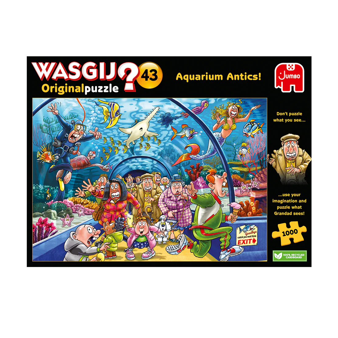 Wasgij Original Puzzle 43 'Aquarium Antics!' packaging with colorful illustration of characters and sea life.