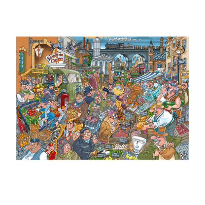 Cartoon-style street scene with people and activities, featuring a green car and various buildings.