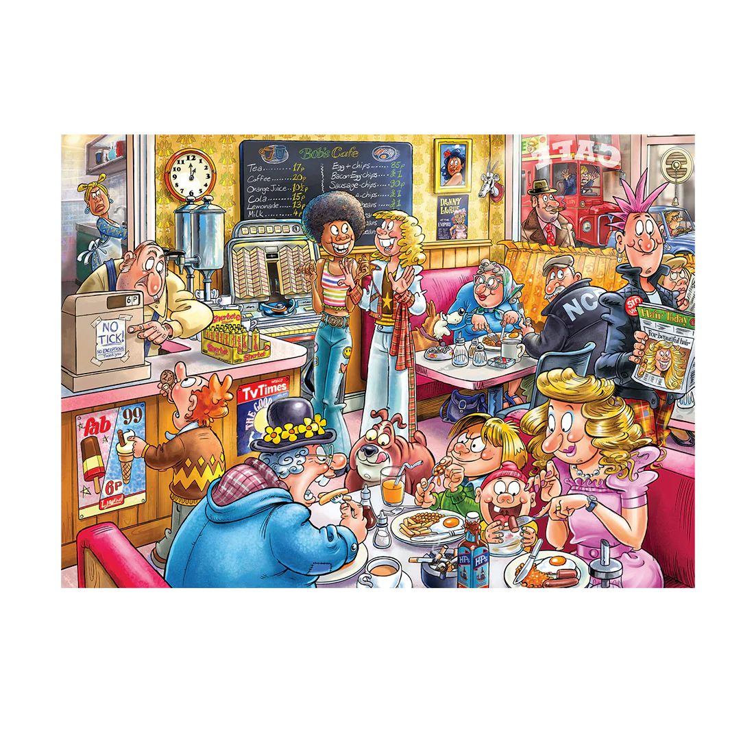 Cartoon-style restaurant scene with characters enjoying a meal.