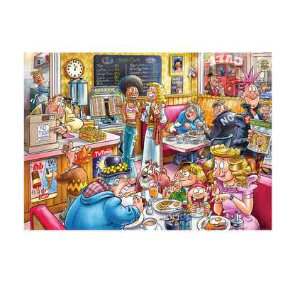 Cartoon-style restaurant scene with characters enjoying a meal.