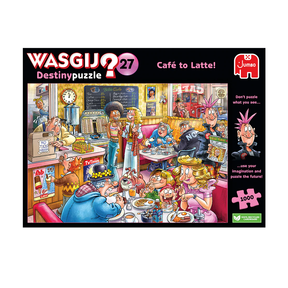 Wasgij Destinypuzzle 27 'Café to Latte!' packaging with cartoon characters in a cafe setting.