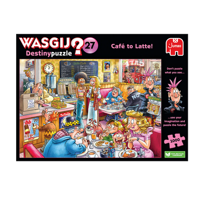 Wasgij Destinypuzzle 27 'Café to Latte!' packaging with cartoon characters in a cafe setting.