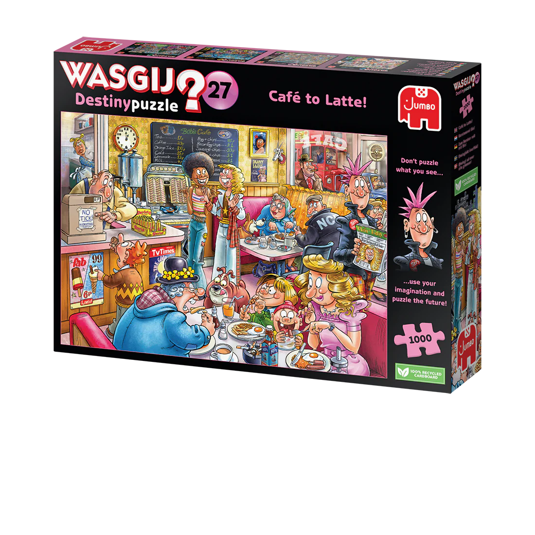 Jumbo Wasgij Destinypuzzle 27 'Café to Latte!' puzzle box with colorful illustration of a cafe scene.