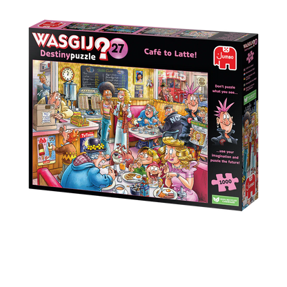 Jumbo Wasgij Destinypuzzle 27 'Café to Latte!' puzzle box with colorful illustration of a cafe scene.