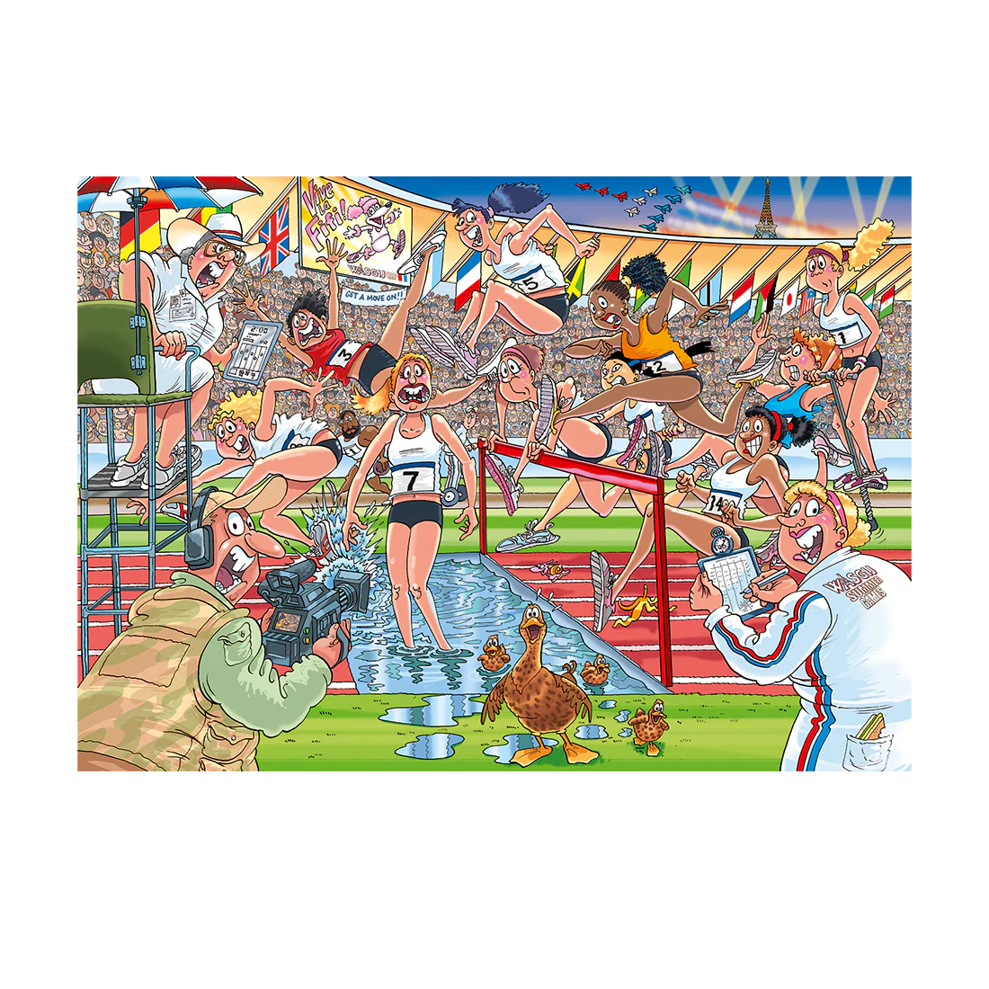 Cartoon-style illustration of a race with runners and spectators.