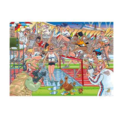 Cartoon-style illustration of a race with runners and spectators.
