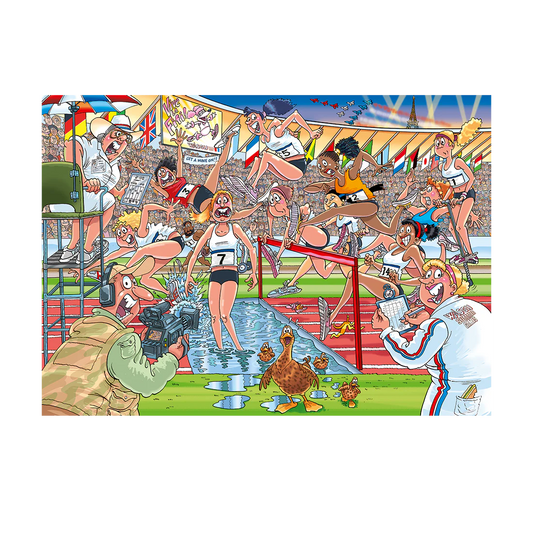 Cartoon-style illustration of a race with runners and spectators.