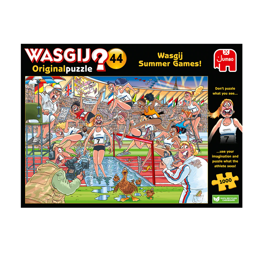 Wasgij Summer Games puzzle box with cartoon athletes and characters on a white background