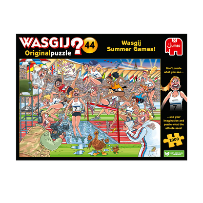 Wasgij Summer Games puzzle box with cartoon athletes and characters on a white background