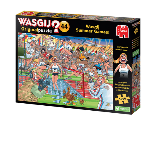 Wasgij Summer Games puzzle box with cartoon characters on a white background