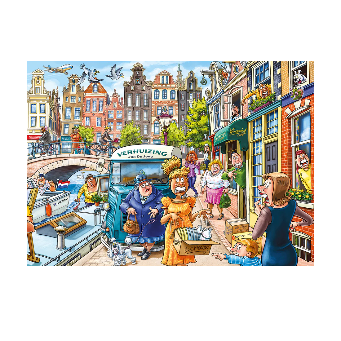 Colorful illustration of a street scene with people and a boat, featuring a 'Vermouling' sign.