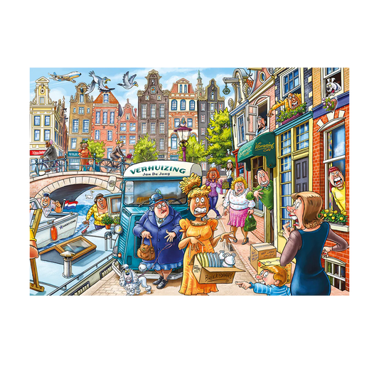 Colorful illustration of a street scene with people and a boat, featuring a 'Vermouling' sign.