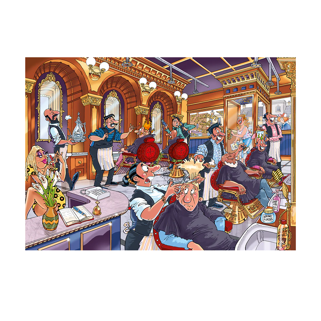 Cartoon-style barbershop with multiple barbers and customers.