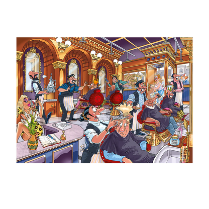 Cartoon-style barbershop with multiple barbers and customers.