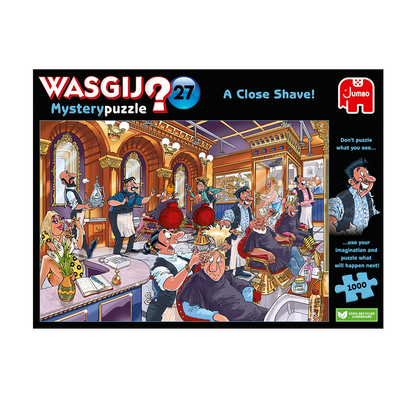 Wasgij? 27 Mystery Puzzle packaging with cartoon illustration of a barber shop scene.