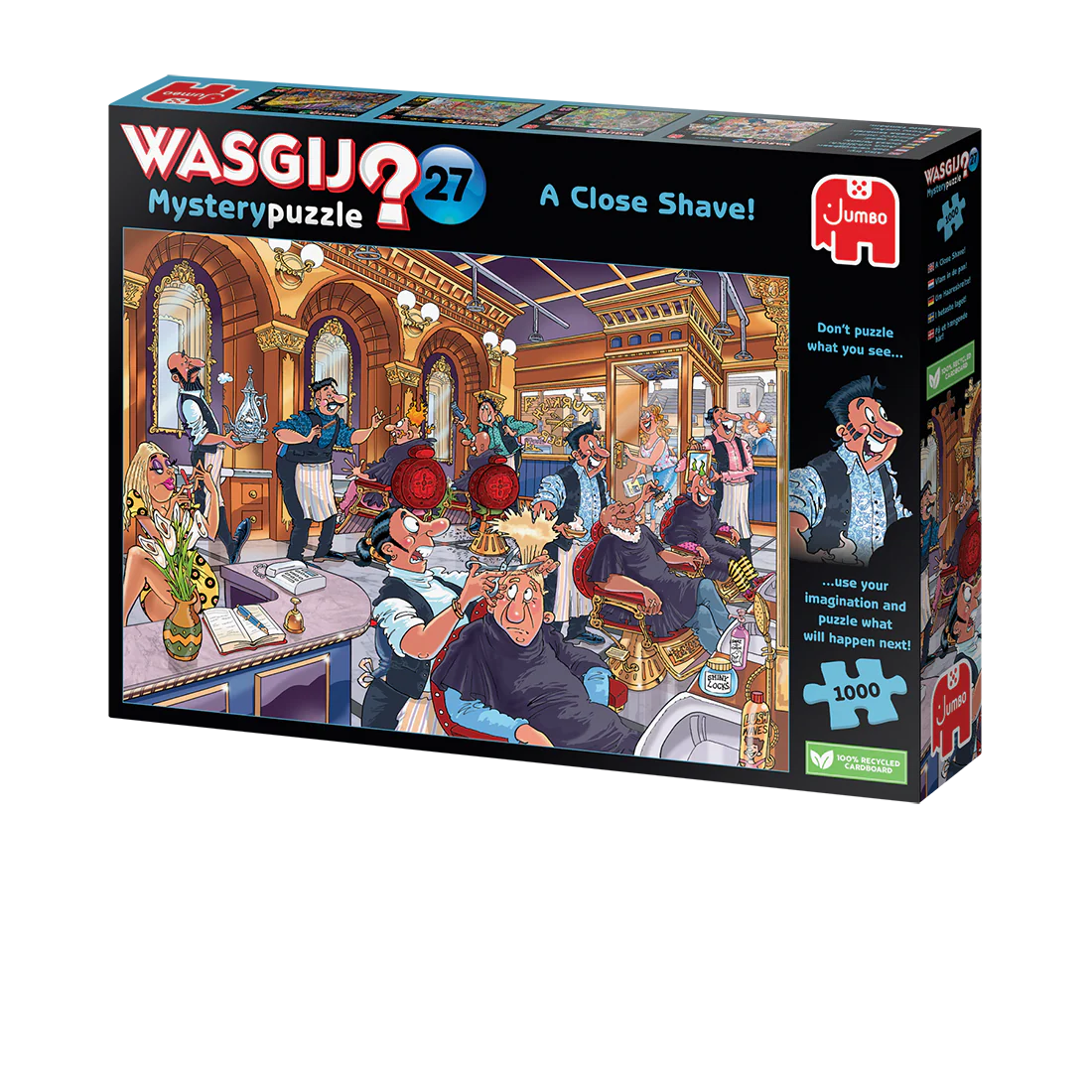 Jumbo Wasgij Mystery Puzzle 27 box with illustration of a barber shop scene on a white background