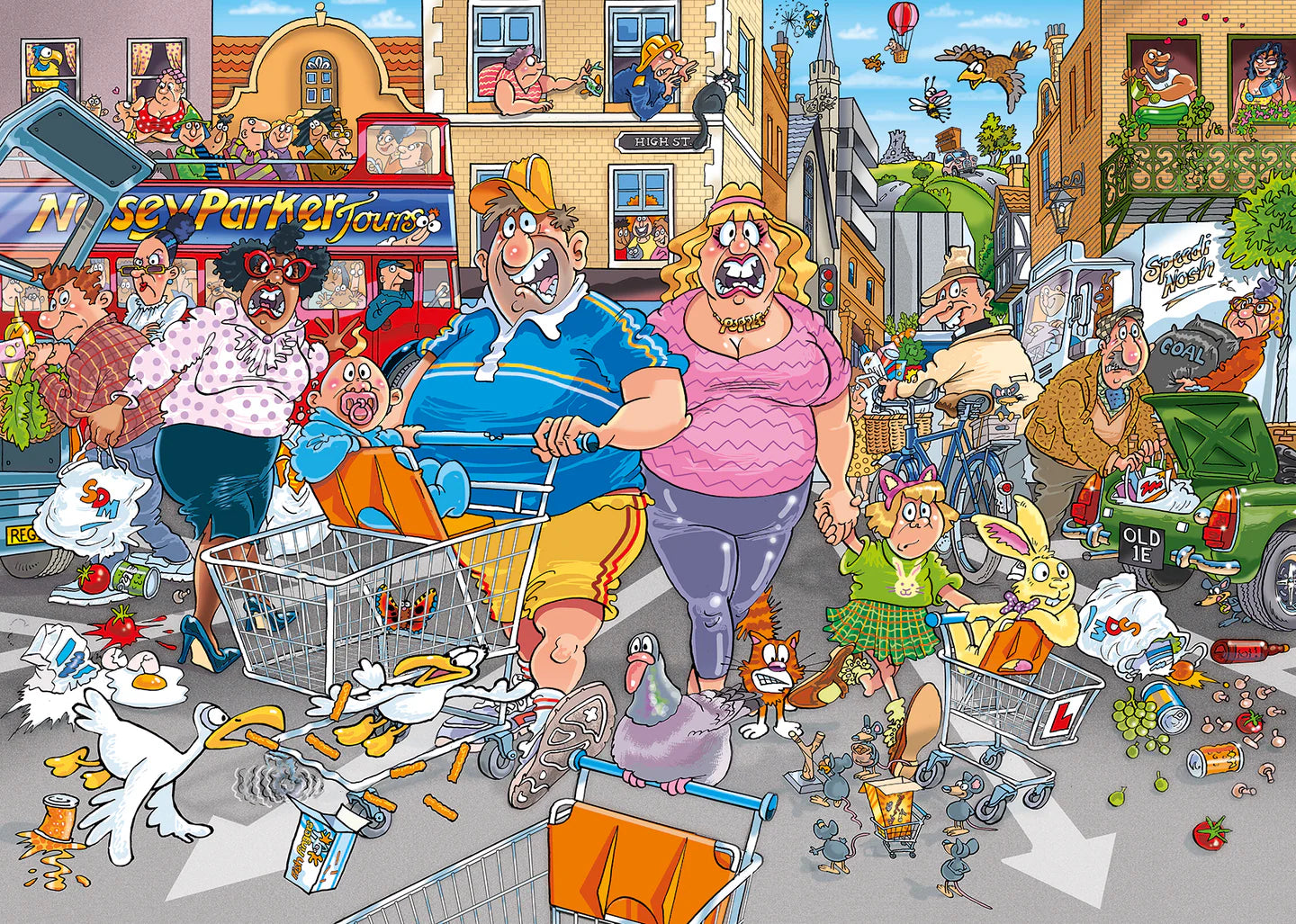 Cartoon-style street scene with characters and objects