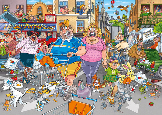 Cartoon-style street scene with characters and objects