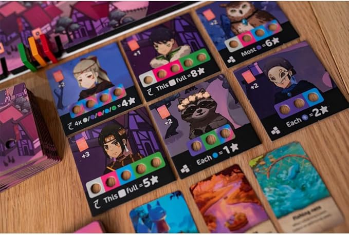 12 Rivers Collection of colorful game cards with character illustrations on a wooden surface