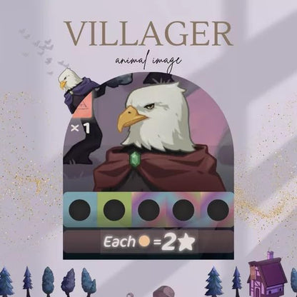 12 Rivers Card featuring an eagle with a purple cloak and a small character in the background, labeled 'Villager'.